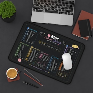 Peut inclure: Un tapis de bureau rectangulaire noir présentant un guide imprimé des raccourcis clavier Mac. Le design comprend des sections pour Finder et Système, Basique et Essentiel, Fenêtres et Espaces, Captures d'écran, Édition de texte et Navigateurs.
