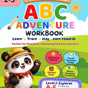 Puede incluir: Un cuaderno de trabajo infantil colorido titulado "Panda ABC Adventure Workbook" con una ilustración de un panda de dibujos animados. La portada incluye texto como "Aprender, Trazar, Jugar, Ganar recompensas" y "Edades 2-5". El cuaderno promete 10 minutos de aprendizaje al día.