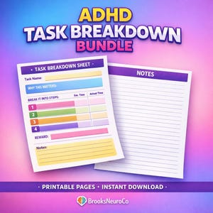 Paquete de desglose de tareas para TDAH / Planificador de tareas paso a paso / Imprimible de funciones ejecutivas / Plantilla de productividad para TDAH / PDF de descarga instantánea