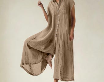 Women's Loose Button-Down Shirt Jumpsuit, Wide Leg Romper, Minimalist Summer Outfit