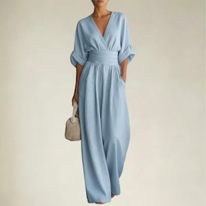 Damen Jumpsuit mit V-Ausschnitt und weitem Bein – Eleganter langer Strampler, fließende Passform, Sommer-Outfit