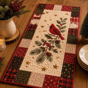 May include: A rectangular quilted table runner featuring a central cream panel with a red cardinal bird perched on a pine branch with berries and gold stars. The border consists of a patchwork pattern in shades of red, green, and cream.