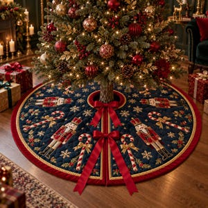 May include: A circular, quilted navy blue Christmas tree skirt featuring embroidered nutcracker figures, candy canes, and gold snowflakes. The skirt has a deep red velvet border, a center opening, and two red ribbon bows for closure around the base.