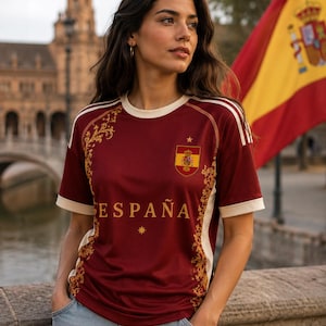 May include: A maroon short-sleeved t-shirt featuring cream-coloured trim on the sleeves and neckline. The shirt displays the word ESPAÑA in gold lettering, a gold crest with the Spanish flag, and intricate gold filigree patterns along the sides.