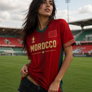 May include: A red and green short-sleeved jersey featuring the word MOROCCO in gold lettering, a gold trophy icon, a small star, and the Moroccan flag on the chest. The fabric has a subtle textured pattern and gold geometric trim on the sleeves.