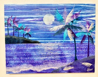 Blue Moon Paradise Handgefertigt in Japan mit traditionellem Washi-Papier auf Holzplatte.