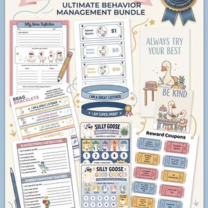 Könnte beinhalten: Ein Silly Goose Verhaltensmanagement-Paket mit druckbaren Unterrichtsmaterialien, darunter Goose Bucks, Belohnungsarmbänder, Gutscheine, Stempelkarten, Reflexionsbögen und Lehrer-Notizen mit Illustrationen von Gänsen.
