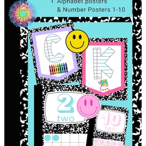 May include: A digital educational poster set titled Composition Notebook Alphabet posters & Number Posters 1-10. It features letters C and K with colorful graphics, numbers 2 and 10 with ten-frames, and yellow and pink smiley face icons.