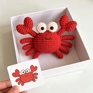 Könnte beinhalten: Ein leuchtend rotes gehäkeltes Krabbenspielzeug mit zwei großen weißen Augen und schwarzen Pupillen, das in einer weißen quadratischen Schachtel liegt. Eine kleine weiße Karte mit einer passenden roten Krabbenillustration wird im Vordergrund gehalten.