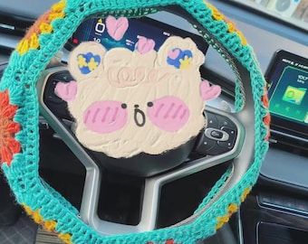 Couvre volant carré grand-mère marguerite au crochet, accessoire automobile floral fait main