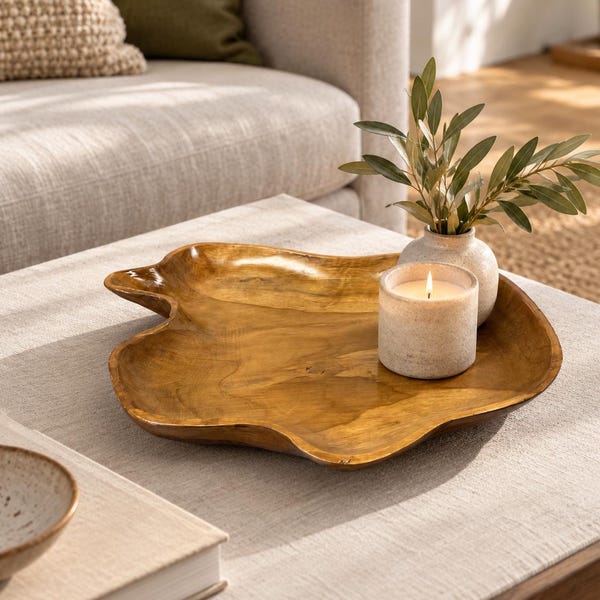 Organic Teak Wood Tray, Natural Sculptural Catchall, Tabletop Decor