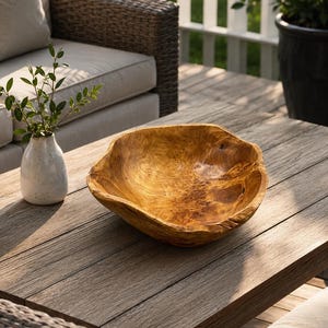 May include: A natural light brown wooden bowl with an irregular, organic shape and a polished finish. The bowl features a prominent wood grain pattern with dark knots and swirls throughout the interior surface, showcasing the raw texture of the wood.