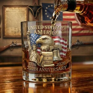 May include: A clear glass tumbler with the words "UNITED STATES OF AMERICA" and a patriotic design. The design includes an eagle, the Statue of Liberty, a flag, and the text "DECLARATION OF INDEPENDENCE, JULY 4TH, 1776-2026 250TH ANNIVERSARY".
