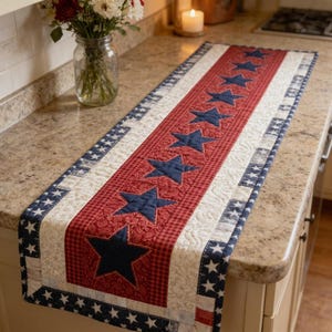 May include: A patriotic table runner featuring a red and white gingham center with navy blue star appliqués. The runner has a cream-colored border with navy blue stars. This decorative piece is perfect for adding a touch of Americana to your home decor.