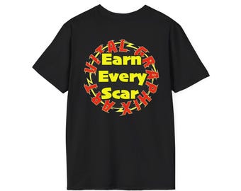 T-shirt VitalGraphixArt « Gagnez chaque cicatrice » | Logo rétro d'un ciel d'orage.