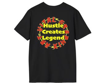 T-shirt Hustle Creates Legend : T-shirt graphique rétro avec paysage urbain illuminé.