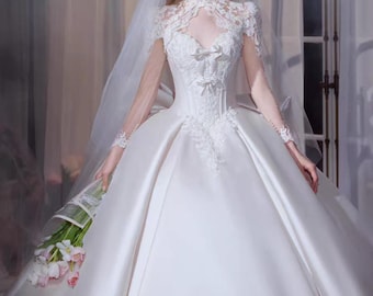 Vintage French High Neck Lace Satin Wedding Dress Long Sleeve Corset Ball Gown with Big Bow Train