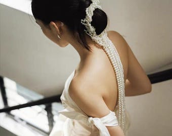 Diadema de novia de lujo hecha a mano con borlas de perlas francesas, diadema de perlas personalizada, diadema delicada para el cabello de novia, accesorios para el cabello