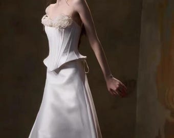 Strapless satijnen zeemeermin trouwjurk met parelkralen, Franse bruidsjurk trouwjurk