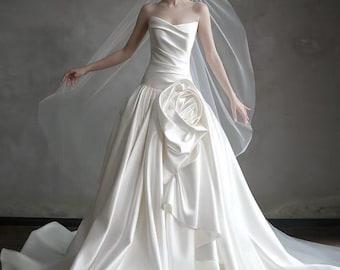 French Couture Satin Wedding Dress Strapless Sweetheart Ball Gown with 3D Rose Detail, Elegant Train Bridal Gown Luxury Satin Bridal Dress