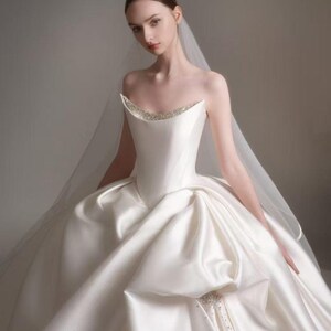 Luxury Satin Strapless Ball Gown Wedding Dress with Beaded Neckline & Cathedral Train Custom Wedding Dress Wedding Gown Wedding Attire image 2