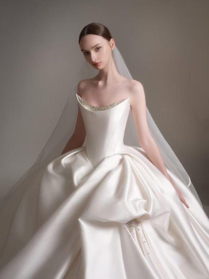 Luxury Satin Strapless Ball Gown Wedding Dress with Beaded Neckline & Cathedral Train Custom Wedding Dress Wedding Gown Wedding Attire image 2