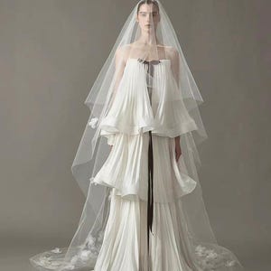 Strapless Tiered Pleated Wedding Dress with Black Ribbon Bow Minimalist Fairytale Bridal Gown