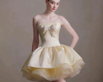 Pale Yellow Strapless Satin Mini Princess Dress, Pearl Rhinestone Bow Layered Tulle Short Cocktail Gown