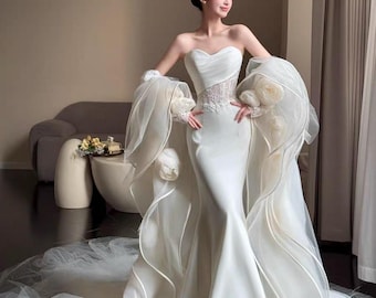 Vestido de novia de satén sin tirantes estilo sirena con cintura de encaje. Vestido de novia personalizado. Atuendo de boda.