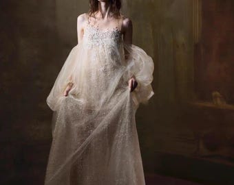 Vestido de novia francés con cuentas, vestido de novia de tul con hombros descubiertos, vestido de novia romántico con mangas abullonadas adornadas con perlas, vestido de novia, atuendo de boda