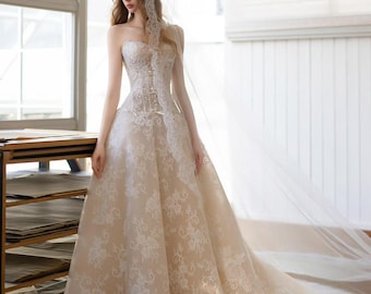 Vestido de novia romántico de encaje Vestido de novia de ensueño de encaje transparente Vestido de novia a medida Atuendo de boda