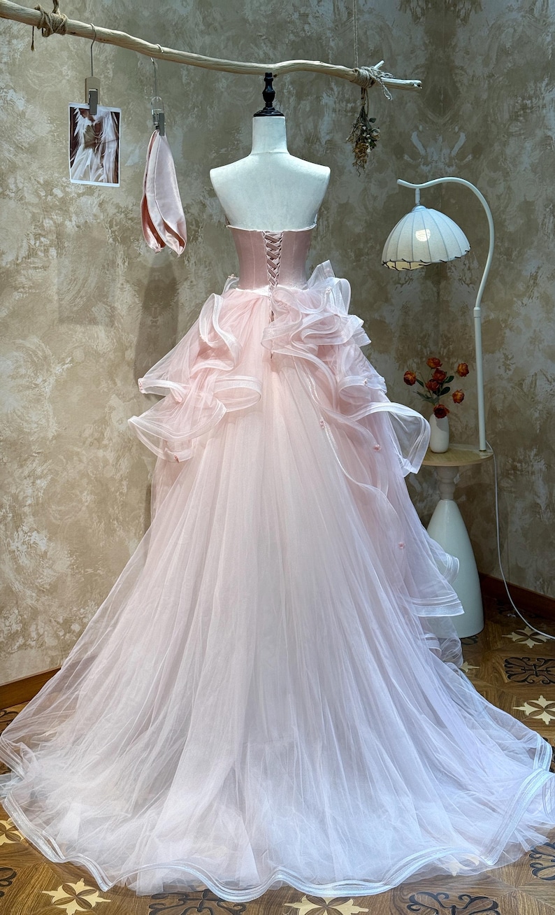 Blush Pink Strapless V Neck Ball Gown Hand Beaded Tiered Tulle Princess Blush Pink Strapless V Neck Ball Gown Hand Beaded Tiered Tulle Princess