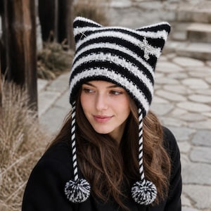 Striped Cat Ear Knit Hat with Pom Pom Ties, Women’s Acrylic Winter Beanie, Alternative Statement Cap for 55–58 cm Head