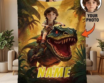 Custom T-Rex Photo Blanket – Personalized Dinosaur Flannel Throw for Kids