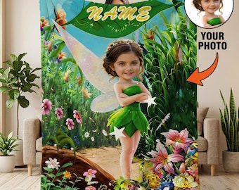 Personalized Tinker Bell Fairy Photo Blanket – Custom Name, Magical Forest Throw