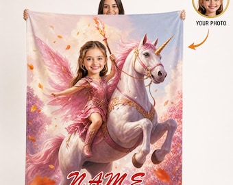 Personalized Unicorn Princess Photo Blanket – Custom Name Flannel Throw