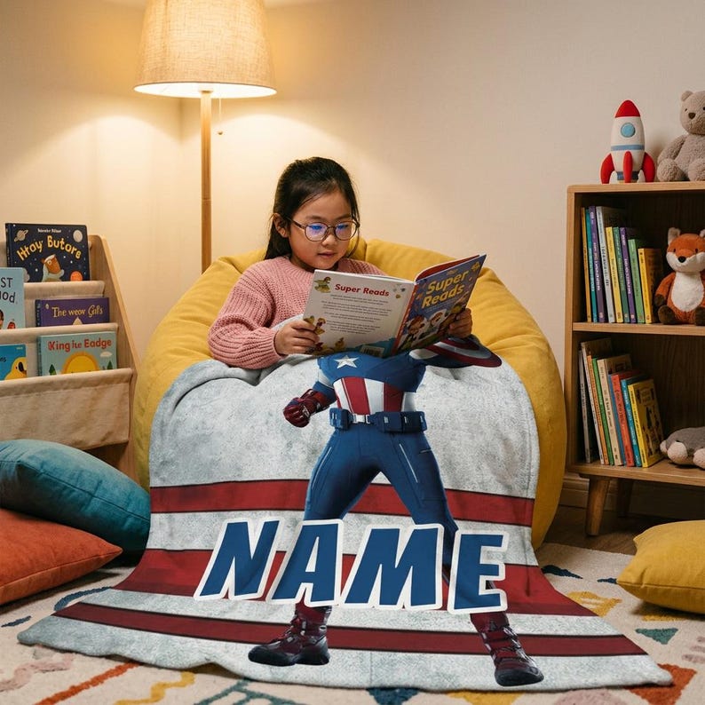 May include: A personalized Captain America blanket with a red, white, and blue design. The blanket features the word "NAME" in bold blue letters. A young person is reading a book while sitting on a yellow beanbag chair.