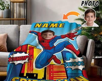 Custom Spider-Man Photo Blanket-Personalized Superhero Blanket with Name-Cozy Flannel Throw Gift-Kids Custom Face Blanket-Boys