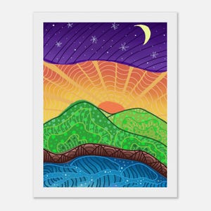 May include: A digital art print featuring a stylised landscape with a dark purple starry night sky, a crescent moon, a vibrant orange sunburst, rolling green hills with dotted patterns, a brown textured ridge, and a blue water foreground.
