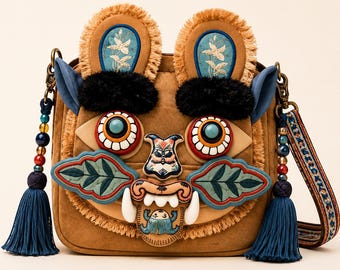 Bolso bandolera con cara de tigre, bolso bordado a mano, bolso de mano de arte popular, bolso único y llamativo. Regalo ideal.
