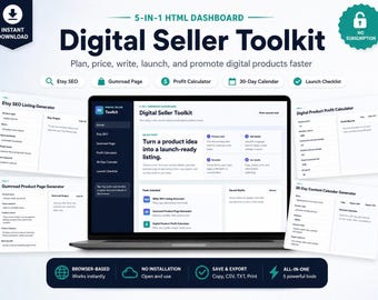 Digital Seller Toolkit Etsy Business Planer | Off-line-HTML- Produkteinführung, Preisrechner, Seo-Planer, Umsatz-Tracker, Markteinführungsplan