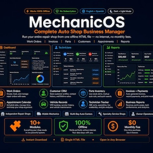 May include: MechanicOS software interface display featuring a dark theme dashboard, technician schedules, and business reports. The layout includes modules for work orders, invoices, parts, and customer management, all contained within a single HTML file.