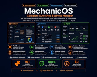 MechanicOS Auto Werkstatt-Manager Software | Off-line-HTML-Reparatur Shop crm, Arbeitsaufträge, Rechnungen, Teile, Kunden, Termine, Spanisch-Modus