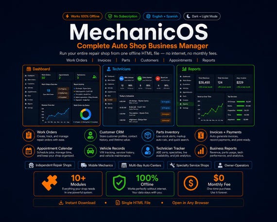 MechanicOS Auto Shop Manager Software | Offline HTML Repair Shop CRM, Work Orders, Invoices, Parts, Customers, Appointments, Spanish Mode
