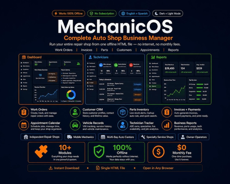 Puede incluir: Interfaz de software MechanicOS con un panel de control en modo oscuro, horarios de t&eacute;cnicos e informes comerciales. El dise&ntilde;o incluye m&oacute;dulos para &oacute;rdenes de trabajo, facturas, piezas y gesti&oacute;n de clientes en un archivo HTML.