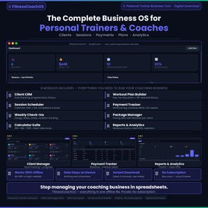 May include: A dark blue graphic with the text "The Complete Business OS for Personal Trainers & Coaches." It includes modules for client management, workout plans, payment tracking, and reports. The software works offline and offers instant downloads.