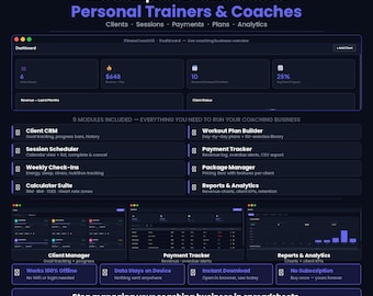 FitnessCoachOS Personal Trainer Software | Offline HTML Client CRM, Sessions, Payments, Check-Ins, Workout Plans, 1RM Calculator