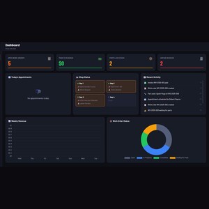 Puede incluir: Una interfaz de panel de control MechanicOS con tema oscuro que presenta un men&uacute; de navegaci&oacute;n lateral, tarjetas de resumen para &oacute;rdenes de trabajo abiertas, ingresos, stock bajo y facturas pendientes, junto con un gr&aacute;fico lineal y uno circular.