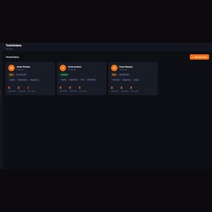 Puede incluir: Una interfaz de panel de control de software con tema oscuro titulada Technicians, que presenta un men&uacute; de navegaci&oacute;n lateral y tres tarjetas de perfil de t&eacute;cnico con nombres, indicadores de estado y m&eacute;tricas de rendimiento.