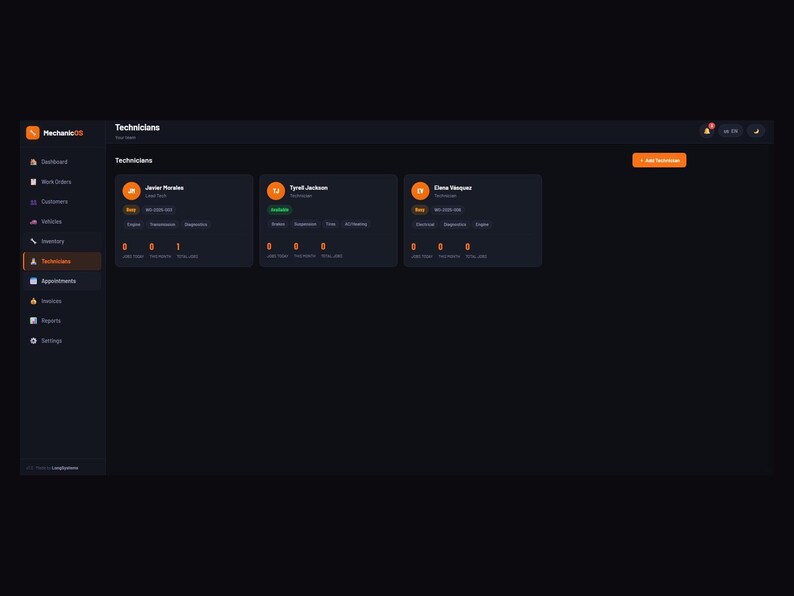 Puede incluir: Una interfaz de panel de control de software con tema oscuro titulada Technicians, que presenta un men&uacute; de navegaci&oacute;n lateral y tres tarjetas de perfil de t&eacute;cnico con nombres, indicadores de estado y m&eacute;tricas de rendimiento.